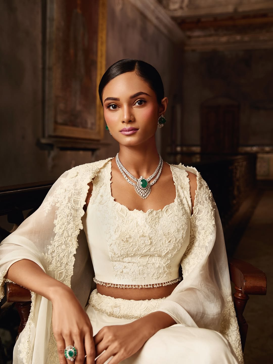 Bridal editorial — emerald necklace, heritage interior